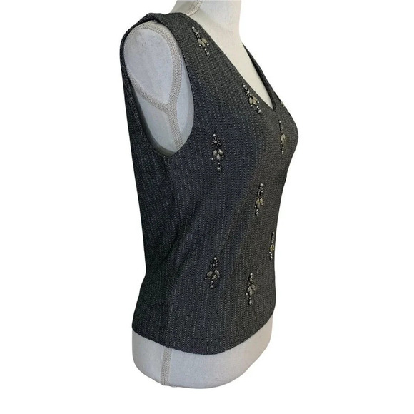 Chelsea28 Beaded Tank Top Blouse Small Gray Silver Zig Zag Stripes V Neck Bling - Picture 2 of 8